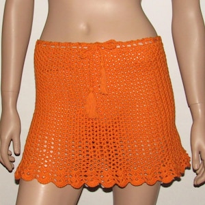 Crochet Summer Mini Skirt: Orange Cotton Lace Beach Cover-Up