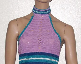 Lavender Crochet Halter Top: Open Back Cotton Crop Top, Boho Beach Coverup, Summer Blouse