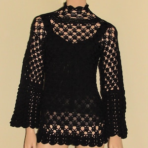 Crochet Black Lace Blouse: Handmade Open Stitch Boho Tunic
