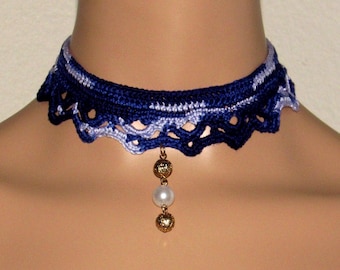 Crochet Gothic Lace Choker, Victorian Lace Purple Collar, Adjustable Charm Necklace, Fairycore Accessories