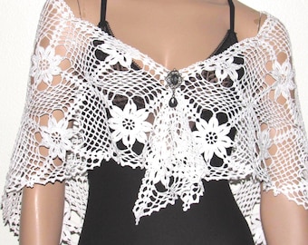 Crochet Bridal Shawl Capelet, White Floral Lace Wedding Scarf, Victorian Wraparound Triangular Shawl, Customizable