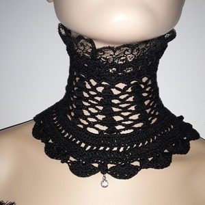 Crochet Black Lace Corset Choker: Victorian High Neck Collar Necklace, Goth Wedding, Halloween Accessories
