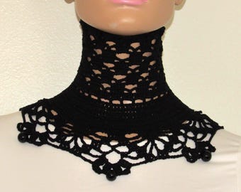 Black Crochet Neck Corset, Gothic Victorian Beaded Ribbon Bow Tie Collar Choker, Alt-wear Lace Jewelry, Halloween Accessories
