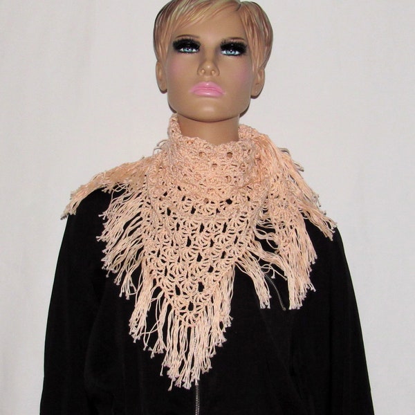 Crochet Blush Shawl, Victorian Inspired Sheer Lace Summer Scarf, Triangular Peach Scarf With Fringes for Women, Gifts for Her, Peach Scarf