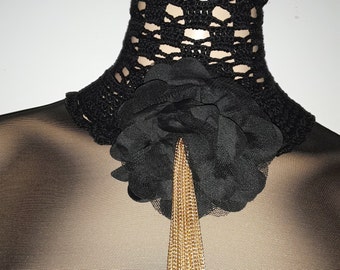 Crochet Black Neck Corset, Gothic Victorian Inspired Lace Up Collar Necklace With Flower, Gift for Her, Accessories, Handmade Women Jewelry