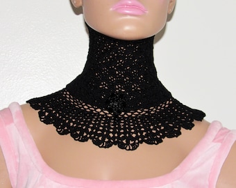 Gothic Victorian Crochet Neck Corset, Black Ruffled Lace Collar Necklace, Dark Romance Accessory