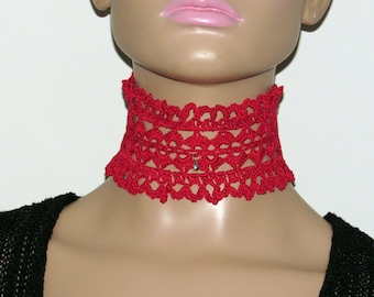 Handmade Crochet Lace Choker: Gothic Victorian Red Collar Necklace, Lace Up Neck Accessories, Gifts