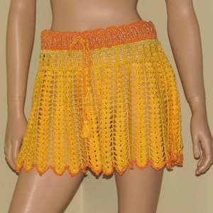 Crochet Beach Cover Up Skirt: Yellow Boho Mesh, Adjustable Waist