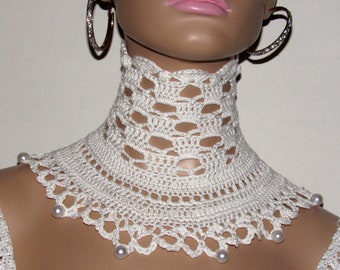 Crochet White Neck Corset, Lace Up Collar, Beaded White Lace Choker Necklace, Posture Collar, Wedding Accessories, Victorian Gothic Collars