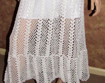 White Crochet Lace Long Skirt, Cotton Boho Ruffle Hem, Tiered Summer Maxi Women Skirt. Customizable