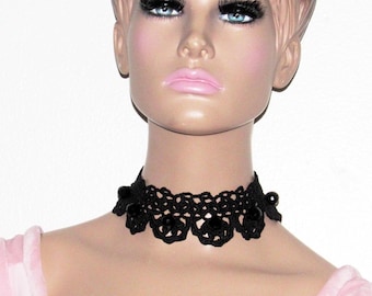 Crochet Black Lace Choker, Beaded Floral Collar, Gothic Necklace, Altwear Jewelry, Halloween Accessories, Gift For Her