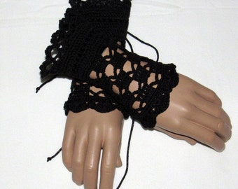 Crochet Black Finger-less Gloves, Gothic Victorian Inspired Lace Gloves, Gifts for Her, Lace-up Black Wrist Cuffs, Black Lace Wrist-lets