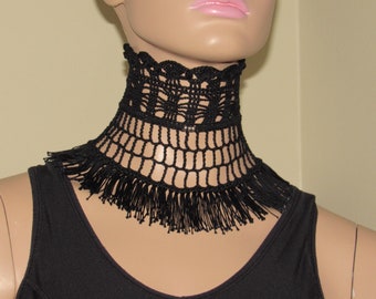 Crochet Black Neck Corset High Neck Collar Necklace Gift for Her Accessories Vintage Gothic Victorian Inspired Lace Up fringed Wide Choker