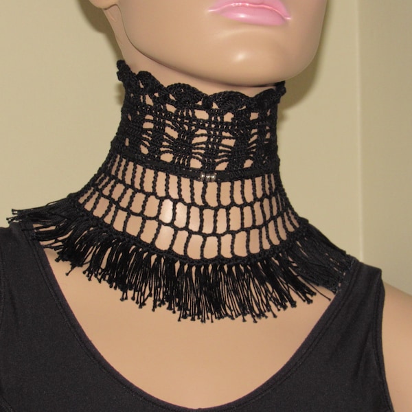 Crochet Black Neck Corset High Neck Collar Necklace Gift for Her Accessories Vintage Gothic Victorian Inspired Lace Up fringed Wide Choker