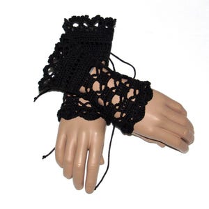 Crochet Black Fingerless Gloves, Gothic Victorian Inspired Short Lace Gloves, Gift for Her, Lace Up Black Wrist Cuffs, Handmade Accessories