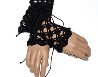 Guantes sin dedos de encaje negro de ganchillo, puños góticos victorianos con cordones, accesorios de cosplay hechos a mano, regalos