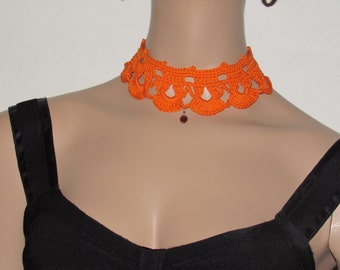 Crochet Orange Boho Choker, Lace Choker Necklaces, Victorian Inspired Lace Choker, Gift for Her, Chokers, Crochet Jewlery, Accessories