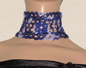 Crochet Wide Lace Choker: Floral Victorian Purple Collar Necklace, Alt Wear Fairy Core Jewelry