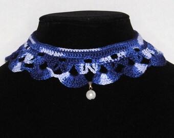 Crochet Lace Choker, Gothic Victorian Purple Collar, Cotton Necklace Whit Pearl Charm, Halloween Accessories, Lace Jewelry