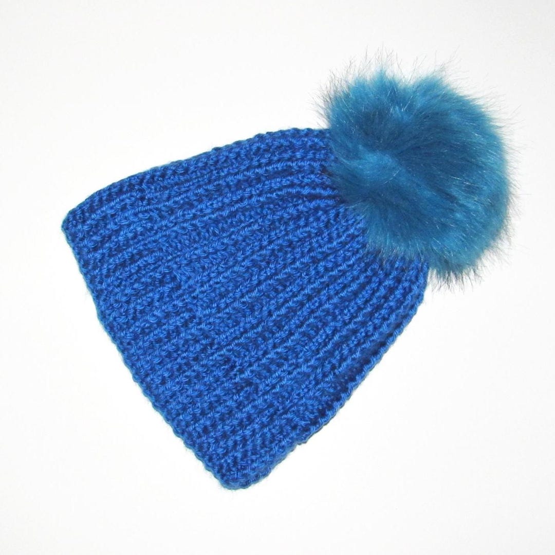 Handmade Crochet Blue Pompom Beanie: Boho Winter Hat  display picture 1