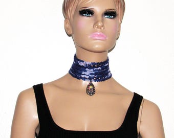 Crochet Gothic Choker, Victorian Lace Necklace,Tie-Dye Purple Blue Collar, Halloween Lace Jewelry, Gift For Her