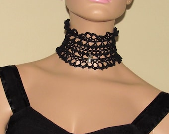 Crochet Black Lace Choker: Gothic Victorian Inspired Wide Ruffled   Collar Necklace, Gifts For Her