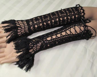 Gothic Crochet Fingerless Gloves: Black Lace-Up Long Cuffs with Fringe, Customizable Cosplay Accessories