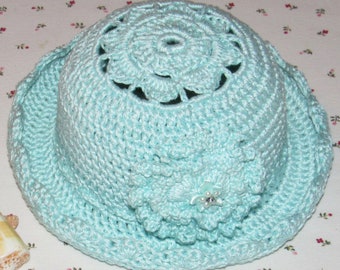 Crochet Mint Green Baby Hat, Baby Brim Hat with Flower Embellishment, Baby Bucket Hats, Baby Shower Gifts, Handmade Cotton Hats for Babies