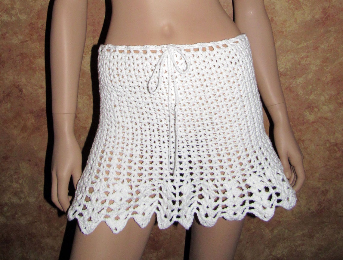 Crochet White Mini Skirt, Sheer Lace Crochet Short Skirt, Drawstring ...