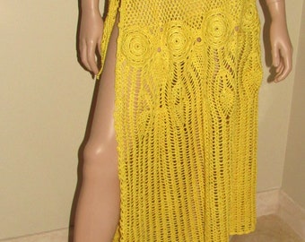 Crochet Yellow Maxi Skirt, Custom Made Lace Skirt for Women, Boho Drawstring Long Skirt, Beach Cover Up Wrap around  Sarong, Gift For Her