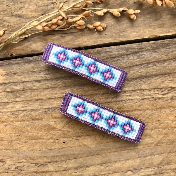 Very Pretty Loom Seed Bead Hair Barrettes | Beaded Pair of Barrettes | Handmade Small Native American Style Barrettes