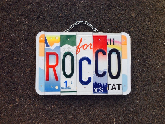 Rocco. Boys. Name. License plate art. Recycled. Room decir. Christmas gift. For him. Mancave. Dad. Brother.