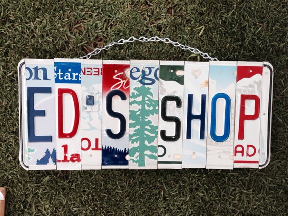 Dad's Shop License Plate Sign / Metal Garage Sign / Garage License Plate Sign / Man Cave / Garage Wall Sign