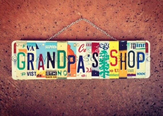 Gift For Grandpa, License Plate Sign, Garage Sign, Grandpa's Shop, Grandpa Birthday, Personalized Gift for Grandpa