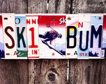 Letrero de matrícula SKI BUM. esquiador - regalo para esquiadores - arte de refugio de esquí - para él - ski bum - arte de matrícula