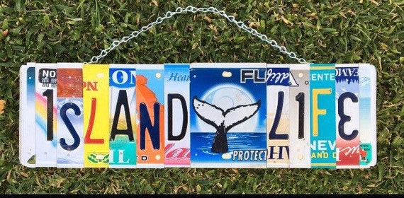 ISLAND LIFE License Plate Sign. made in hawaii - beach decor - whale art - eco friendly - license plate art - gift idea - christmas gift.