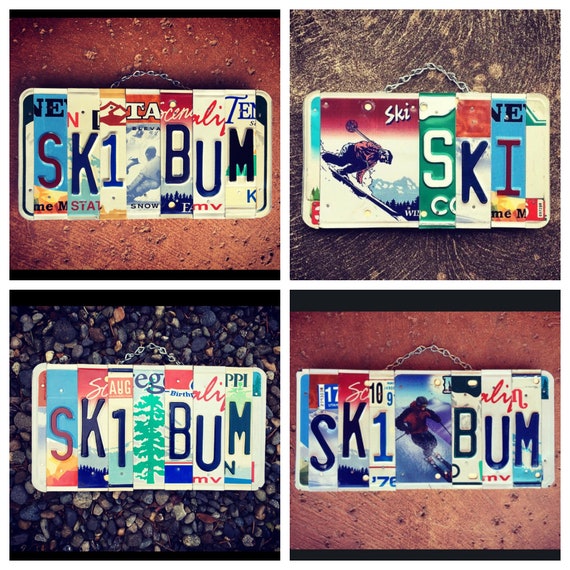 SKI BUM License Plate Art, Ski Sign, Skier Gift ideas, Gifts for him, Skier Birthday Gift, License Plate Signs