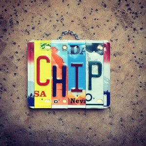 Mens Gift, Chip, Gift for Men, Custom Sign, Wood Sign, Garage Sign, Mancave Art, License Plate Letters.