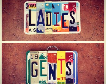 His and Hers Bathroom License Plate Sign, His and Hers Sign, License Plate Art, Ladies Sign, Business Restroom Signage, Business Sign.