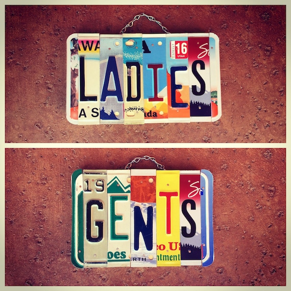 His and Hers Bathroom License Plate Sign, His and Hers Sign, License Plate Art, Ladies Sign, Business Restroom Signage, Business Sign.