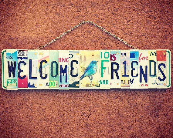 License Plate Welcome Sign, Welcome Sign for front Porch, Blue Bird Hanging, House Warming Gift, Garden Art, Outdoor Decor, Gift for Friend.