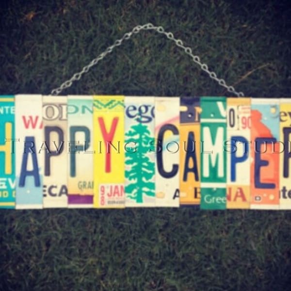 HAPPY CAMPER. License Plate Sign. Office Decor. Positive quotes sign. Camping decor. Camping sign. Be happy sign. Christmas gift idea.