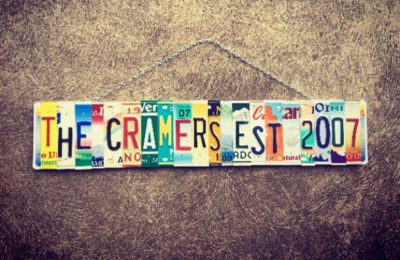 10 Year Anniversary Gift - Recycled License Plate Art - Gift for Him - Gift for Her - Tin Anniversary Gift - Wedding Date- Family Name