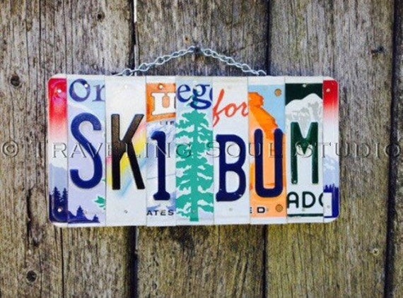 SKI BUM License Plate Art, Ski Sign, Skier Gift ideas, Gifts for him, Skier Birthday Gift, License Plate Signs