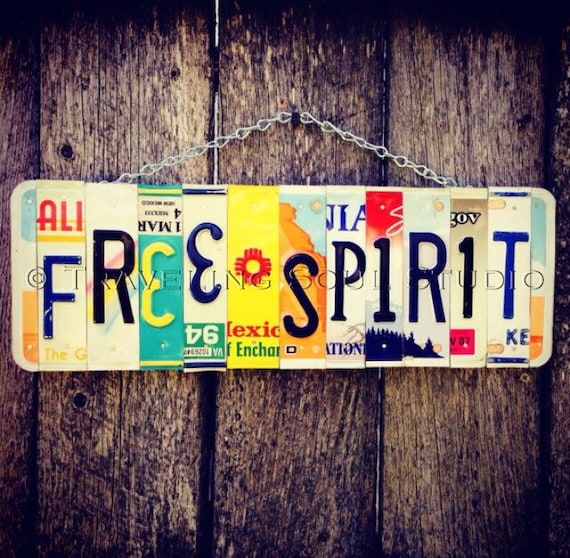 FREE SPIRIT License Plate Art - boho - recycled license plates - gypsy - hippie chic - christmas gift for her - hippie decor - for her