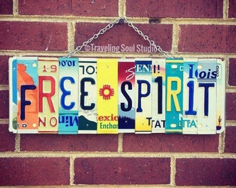 Bohemian Decor, License Plate Art, Free Spirit Sign, Christmas Gift Idea, Boho Wall Hanging, Recycled Gifts, For Teens