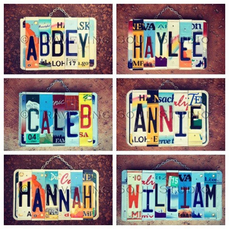 May include: Six personalized name signs made from vintage license plates. The names are Abbey, Haylee, Caleb, Annie, Hannah, and William. Each sign is hung with a silver chain.