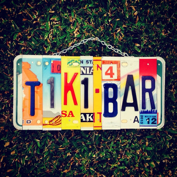 Tiki. Bar. Sign. Recycled. License plates. Home decor . Hawaii. Travel. Vacation. Maui. Beer. Dad. Christmas