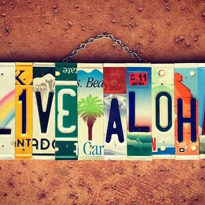 Tropical vivo Aloha Palm Tree licencia de matrícula signo, licencia de arte de placa, hecho en Hawái, decoración de la playa, regalos de cumpleaños para ella, vivo Aloha signo.