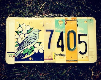 License plate. House Number. Sign. Housewarming. Giftidea. Bluebird. Customsign. Recycled. Homedecor